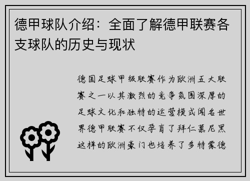 德甲球队介绍：全面了解德甲联赛各支球队的历史与现状